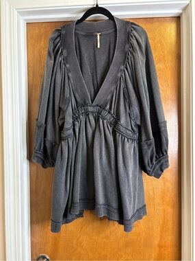 Free People Washed Charcoal Deep V Smocked Tunic